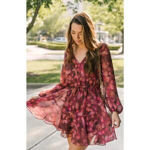 Steve Madden Kara Floral Print Dress XS Pink Multi Tie Waist V-Neck Flouncy Boho